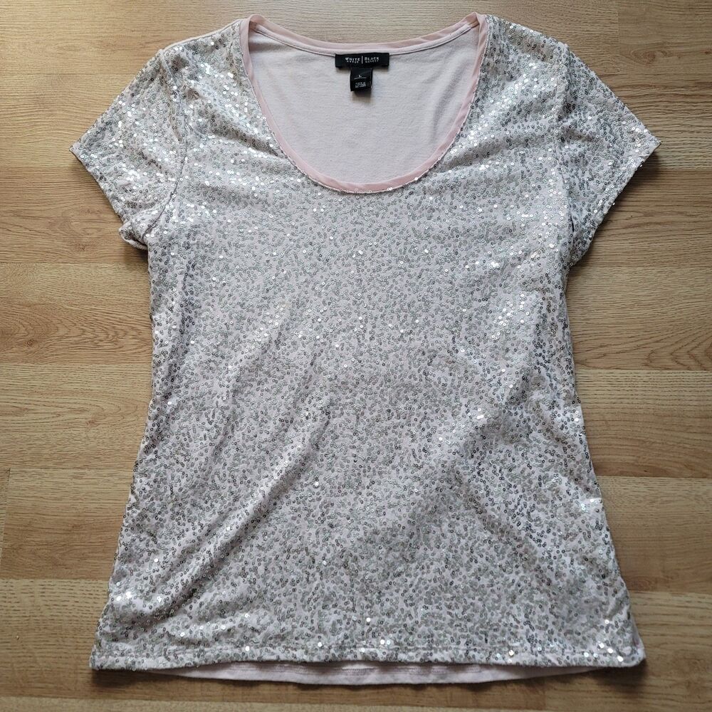 White House Black Market Pink Silver Sequins Scoop Neck Cotton Blend Top Size L